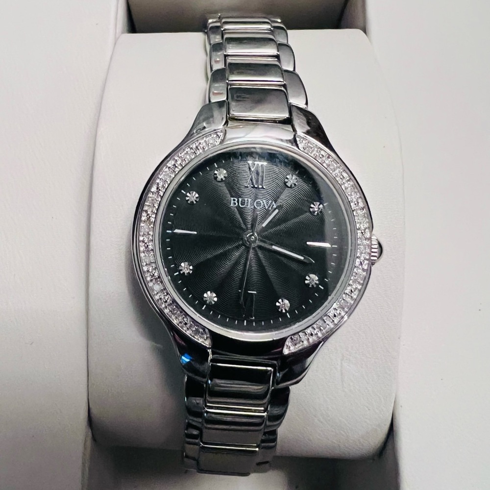 Women's Diamond Bulova, Steel Link Black Dial Watch 96R207